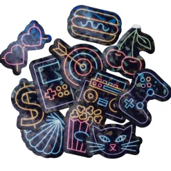 Store stickers, svarte XL-klistremerker med glitrende neontema, 50 stk.