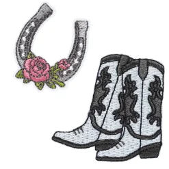 Strykemerker 2 stk. Cowboyboots 55×55 mm og hestesko med blomst 35×40 mm
