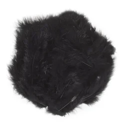 Svarte lodne fjær fra kalkun, lengde 5–10 cm, ca. 70 stykker