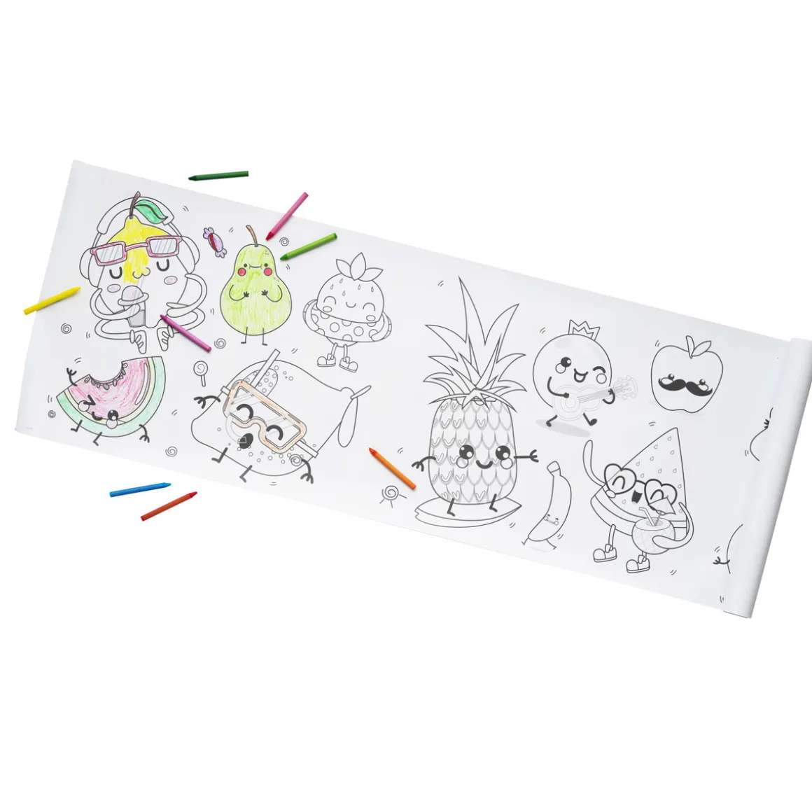 Tegnerull Happy Fruit, fargelegg en mengde festlige frukter – rullen er 40×300 cm