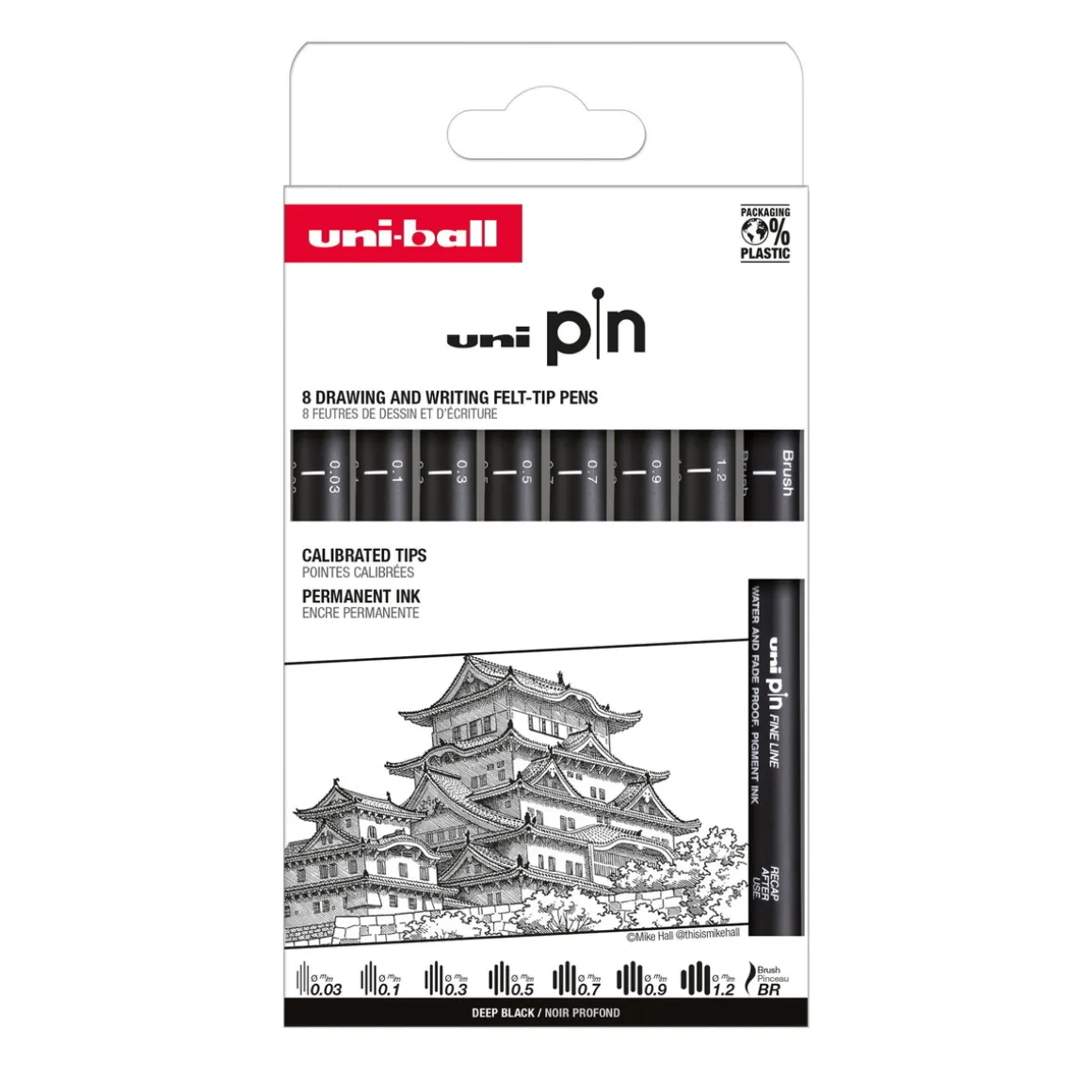 Uni Pin Fineliner 8-pakning, Set #1 – 7 fineliners og 1 brush / penselspiss
