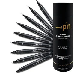Uni Pin Fineliners, sett i rør med 9 fineliners - 0,05 til 1,2 mm + brushpen