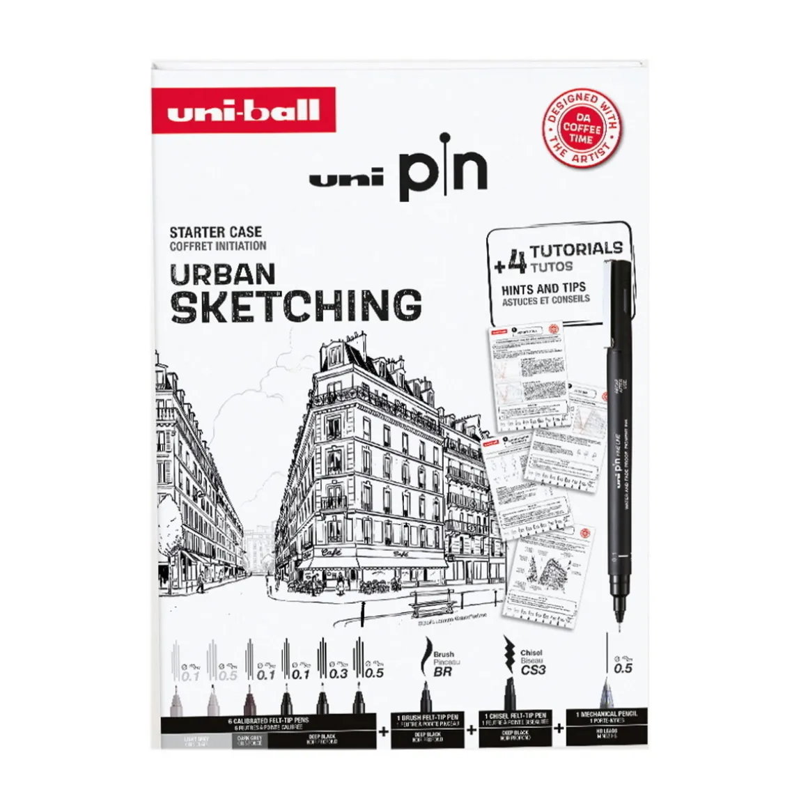 Uni Pin Fineliner Urban Sketching – 6 fineliners, brush, skråskjært og trykkblyant