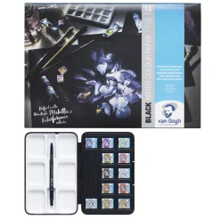 van Gogh akvarellmaling sett – 12 halvkopper – Noir + A4-blokk med 12 svarte ark