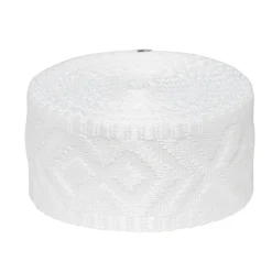 Veskerem, hvit med vevd mønster, lengde 250 cm, bredde 3,8 cm