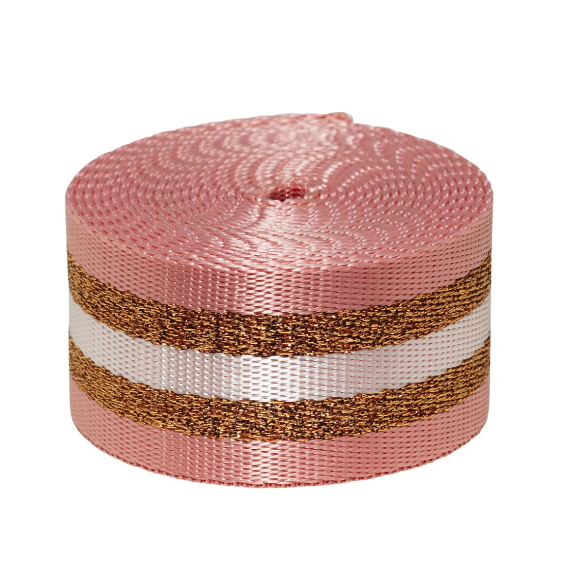 Veskerem, rosa med doble glitrende gullstriper, lengde 250 cm, bredde 3,8 cm