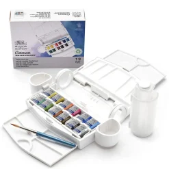 Winsor & Newton Cotman Field Travel Set, akvarellmaling i 12 halvkopper, etui, flaske og pensel