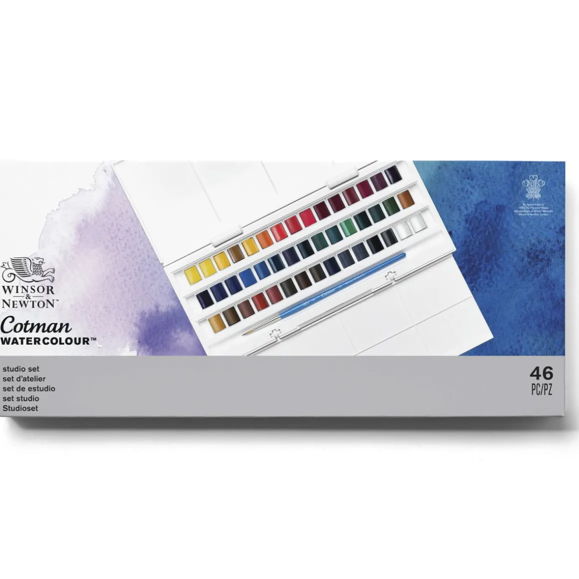 Winsor & Newton Cotman Studio set, akvarellmaling i 45 halvkopper, etui og pensel