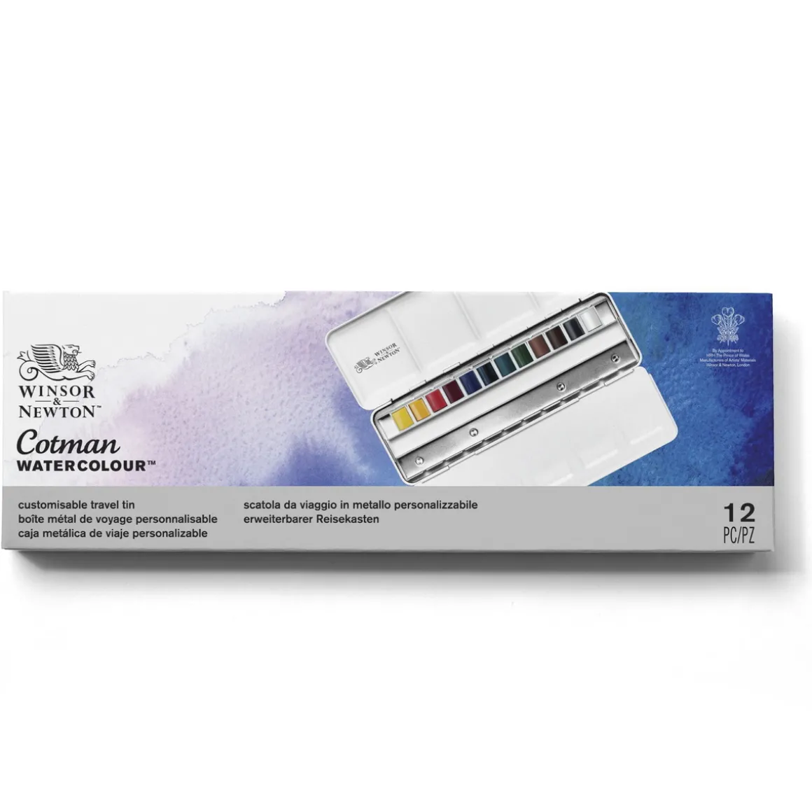 Winsor & Newton Cotman Travel Tin, 12 halvkopper + metalletui med 12 tomme plasser